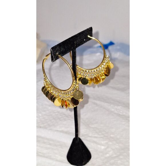 Gold Tone Dangle Drop Earrings Pierced Harem Turkish Style Hoops Elegant Evening - Picture 8 of 8